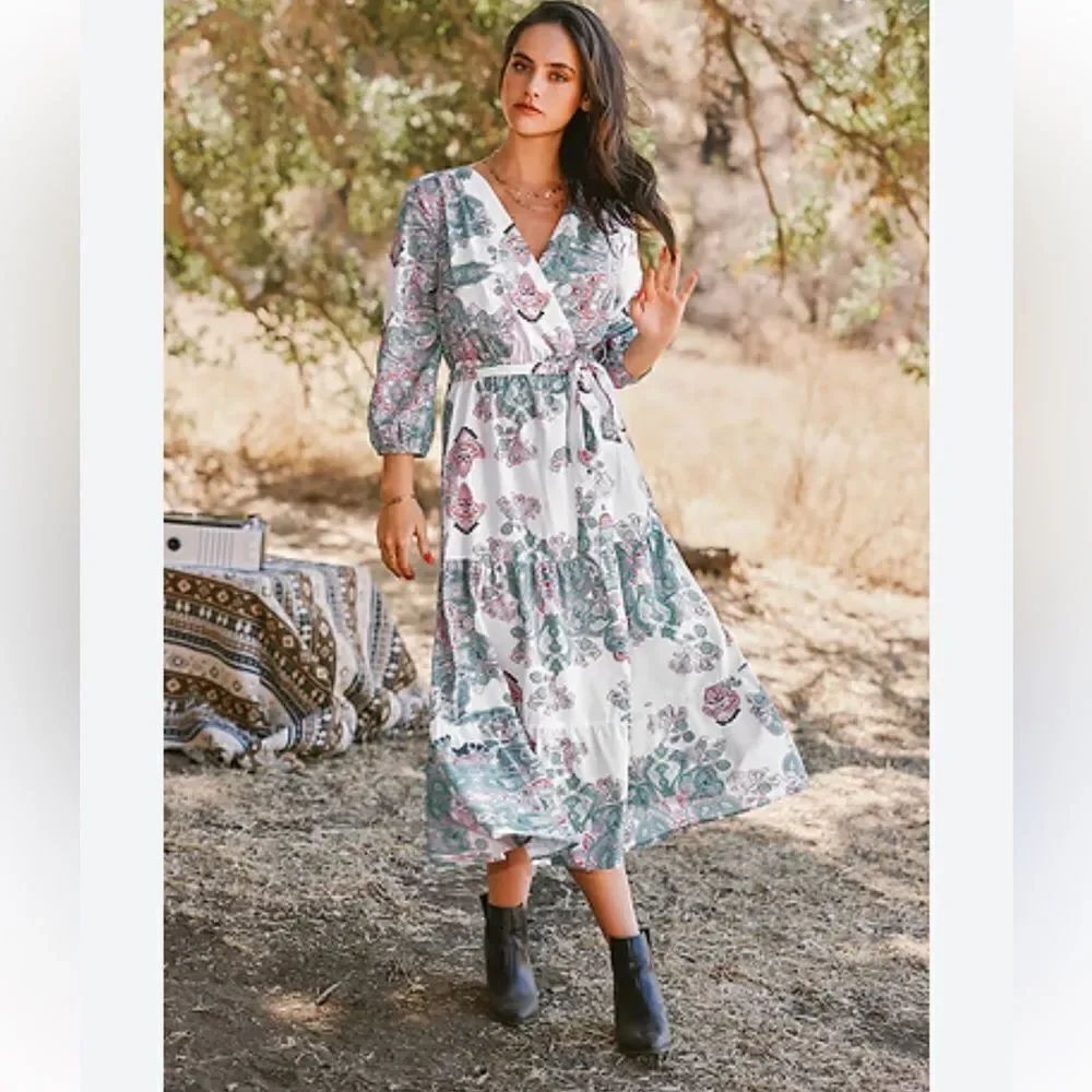 CupShe Claudette Light Blue Paisley Print V Wrap Neck Sash Waist A Line Dress